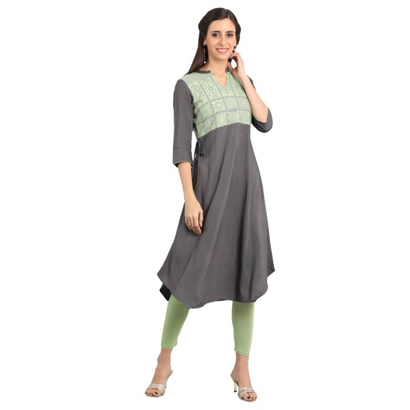 Disha Patani Collection Grey Band Collar Yarn-dyed Kurta-X Small