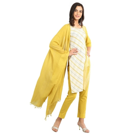 Disha Patani Collection Yellow Round Neck Yarn-dyed Kurta-X Large