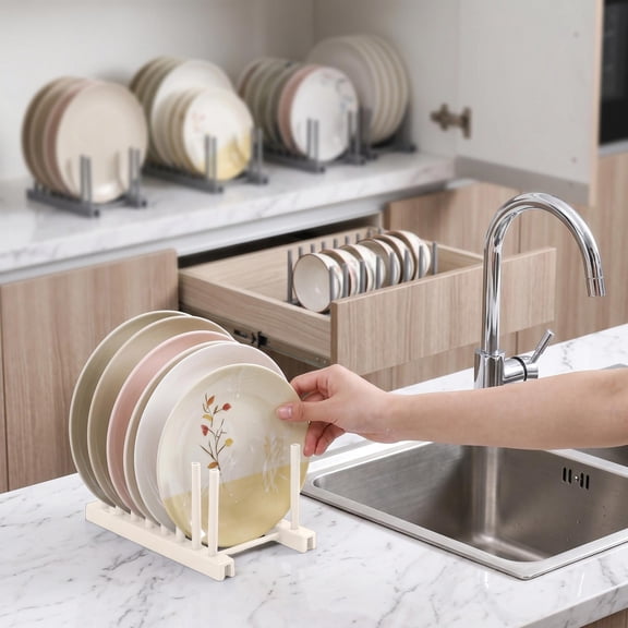 Dishes Drying Rack Vertical Kitchen Countertop Organizer for Plates Bowls Mugs and Pot Lids, Plastic Dish Holder Storage Shelf with Fast Drainage Design for Sink and Kitchen Organization