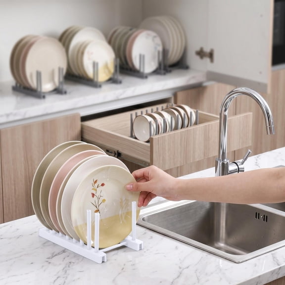 Dishes Drying Rack Vertical Kitchen Countertop Organizer for Plates Bowls Mugs and Pot Lids, Plastic Dish Holder Storage Shelf with Fast Drainage Design for Sink and Kitchen Organization
