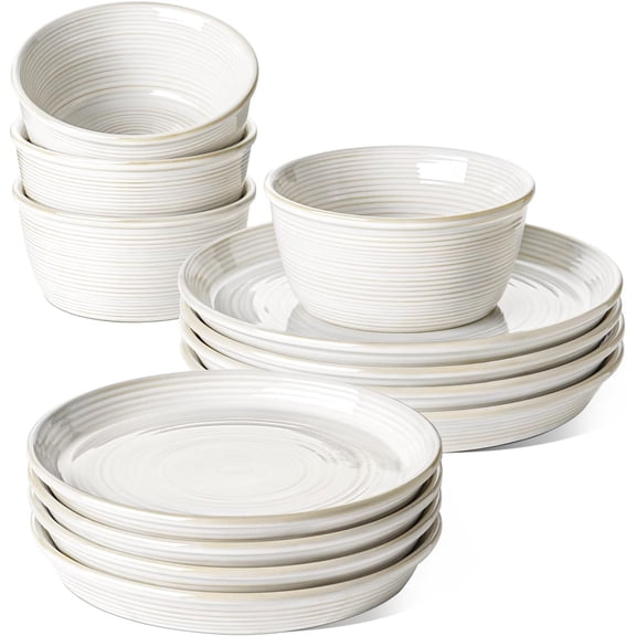 Dishes Set for 4, Stoneware Plates and Bowls Set, Farmhouse Ceramic Dinnerware, Microwave & Dishwasher Safe, Stackab,12-, Arctic White (10" Dinner+8" Salad Plates+6" Bowls)