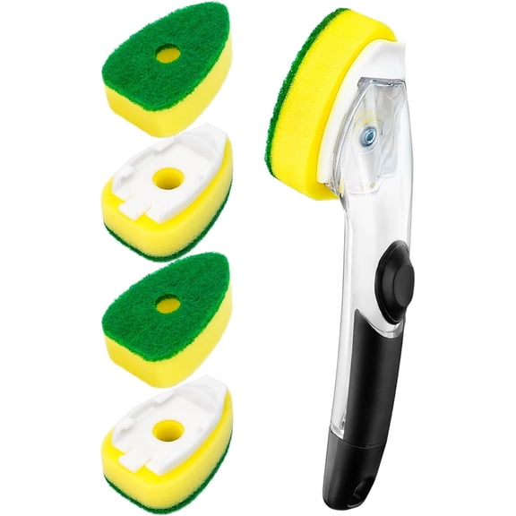 Dishwand Handle with 5 Heavy Duty Sponge Refills,Dish Wand Refill with Hole,Non-Scratch Dishwashing Brush with Soap Control Dispenser, Leak-Proof Kitchen Scrubber for Cleaning Dishes Sink