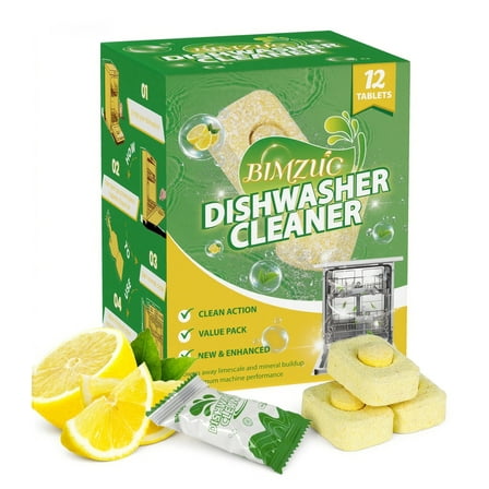 BIMZUC Dishwasher Cleaner Tablets (12 Pack), Deep Clean, Remove Limescale and Odors, Lemon Scent