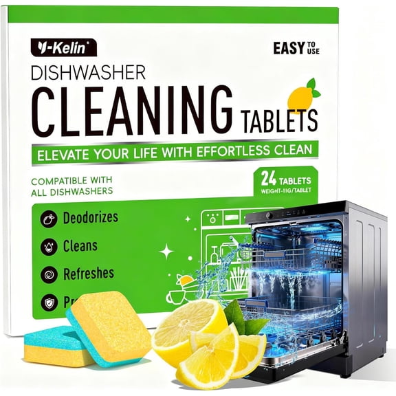 Dishwasher Cleaner and Deodorizer Tablets, 24 Pack - Helps Remove Limescale & Odor, Prevents Buildup in Pipes, Safe for All Dishwashers, Lemon Scent - 12 Month Supply
