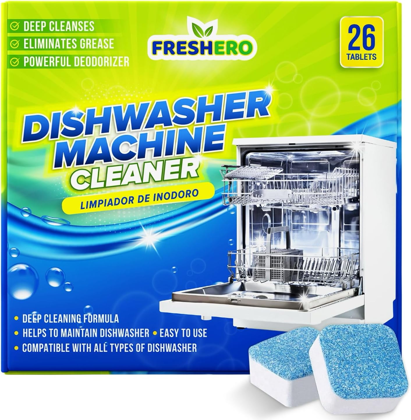 Dishwasher Cleaner and Deodorizer Tablets 26-Pack, Deep Cleaning Descaler for Dishwasher Machine, Heavy Duty, Septic Safe, Removes Grease & Build-ups, 1 Year of Cleaning Supplies (No Scent)