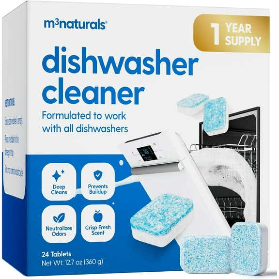 Dishwasher Cleaner & Deodorizer Tablets, Fights Grime, Grease, Limescale, Residue & Odor, Heavy Duty Cleaning Descaler Pods, Septic Safe, 24 Fresh Apple Scented Tablets, 1-Year Supply, by M3