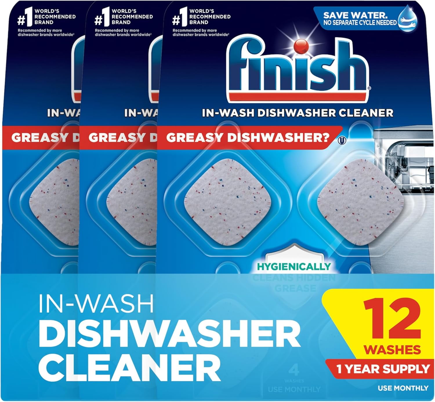 Dishwasher Cleaner Tablets, Deep Cleans Hidden Grease & Grime, Fights Odors, No Extra Wash Cycle, Helps Maintain Dishwasher, 12 Month Supply, Count