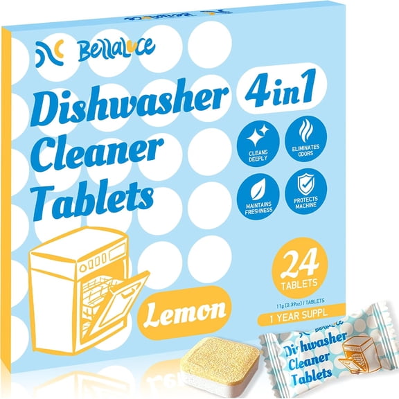 Dishwasher Cleaner Tablets Deodorizer Pods-24 Pack Deep Cleaning Dish Washer Descaler Freshener-Grime Limescale Heavy Duty Grease Odor Smell Remover-for All Dishwashers Lemon Foaming 1 Year Supply