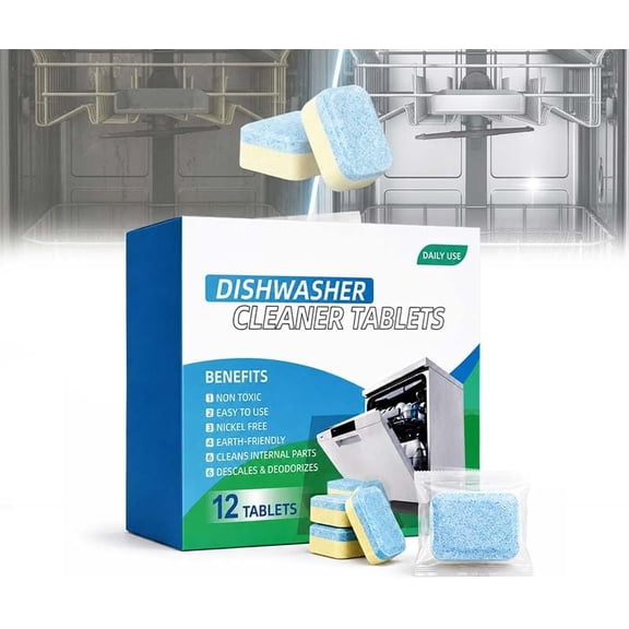 Dishwasher Cleaning Tablets, 12 Pack Deep Cleaner for Odor Limescale & Residue Removal, Compatible with Most Dishwashers (1 Pack)