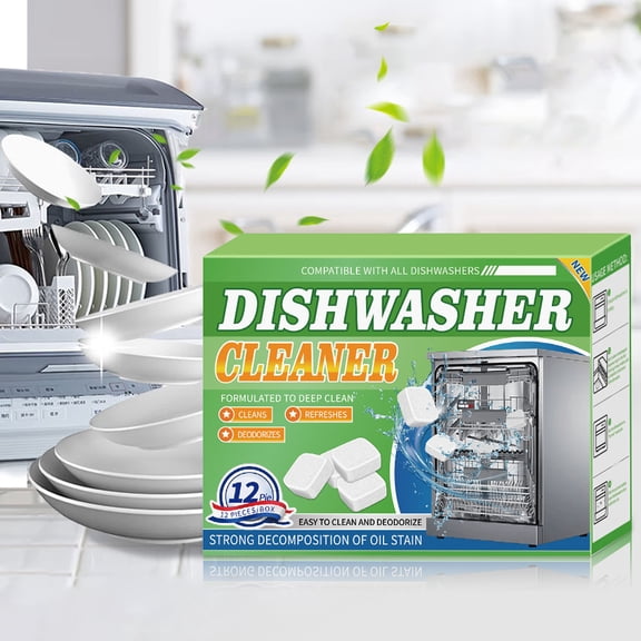 Dishwasher Cleaning Tabs, 12 Fizzy Tablets for Heavy Grease And Stain Removal, Monthly Maintenance for All Dishwashers
