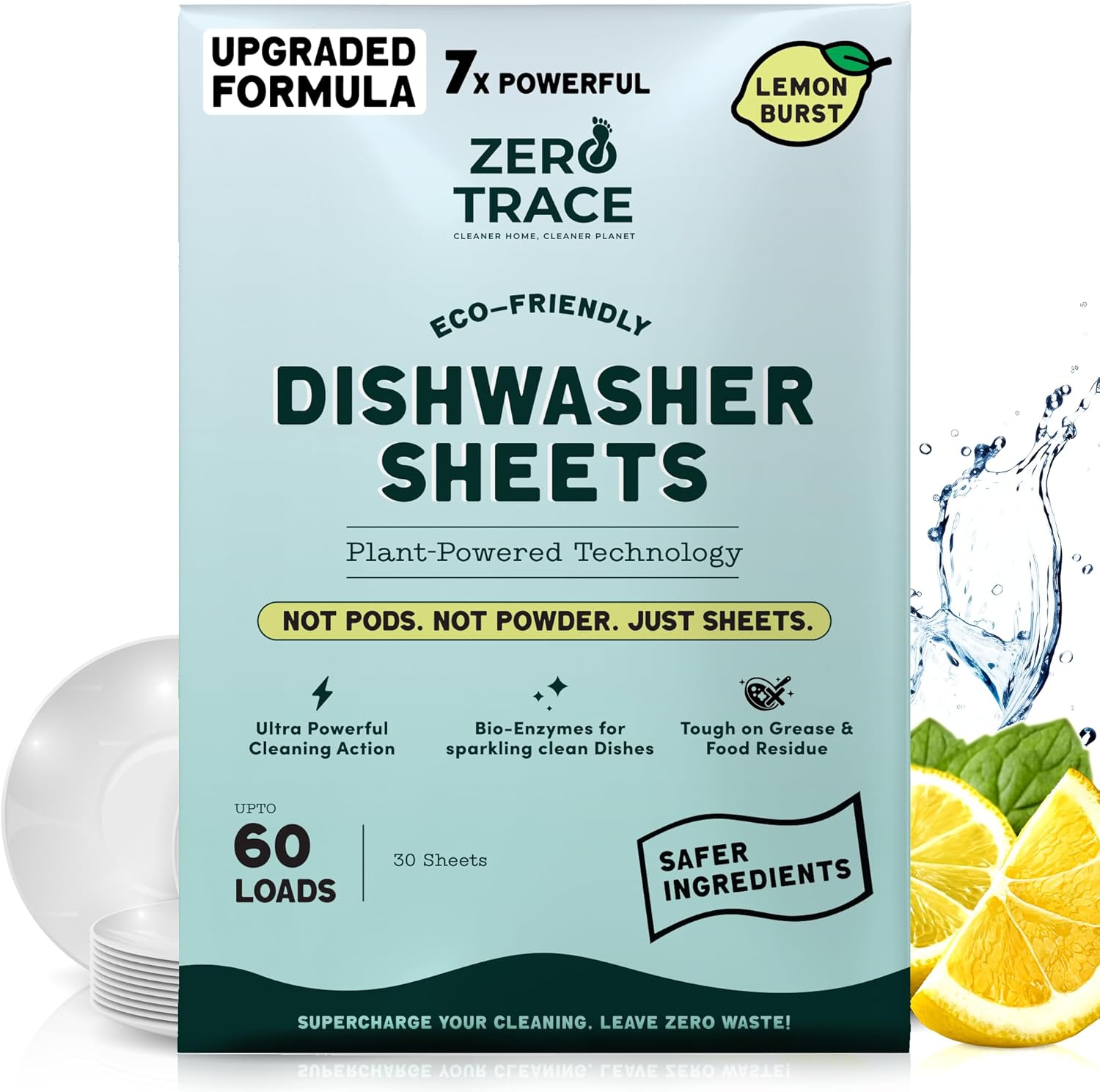 Dishwasher Detergent Eco-Friendly Sheets for Dish Washing - Plant Powered Technology - Lemon Scent - 60 Loads