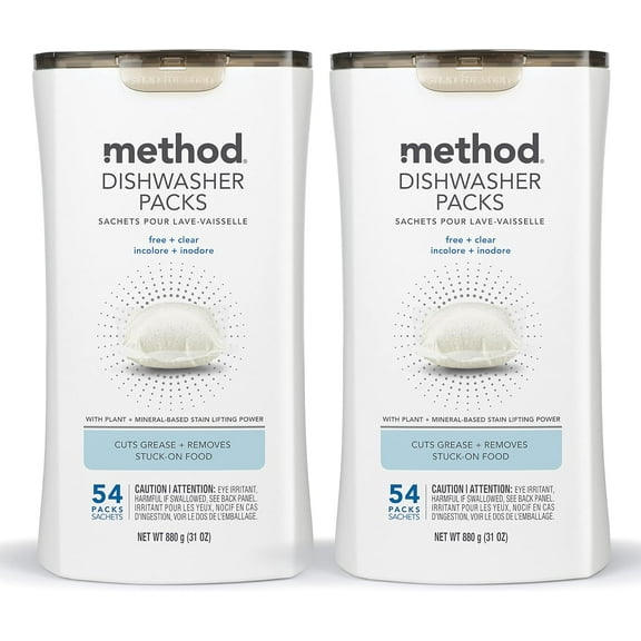 Dishwasher Detergent Packs, Fragrance Free + Clear, Dishwashing Rinse Aid to Lift Tough Grease and Stains, 54 Dishwasher Tabs per Package, (Pack of 2)