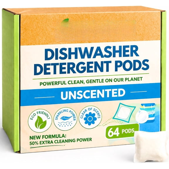 Dishwasher Detergent Pods Free & Clear, Unscented, , Cuts , 64 Count,  Formula for Sparkling Clean Dishes, Automatic Dishwasher Safe