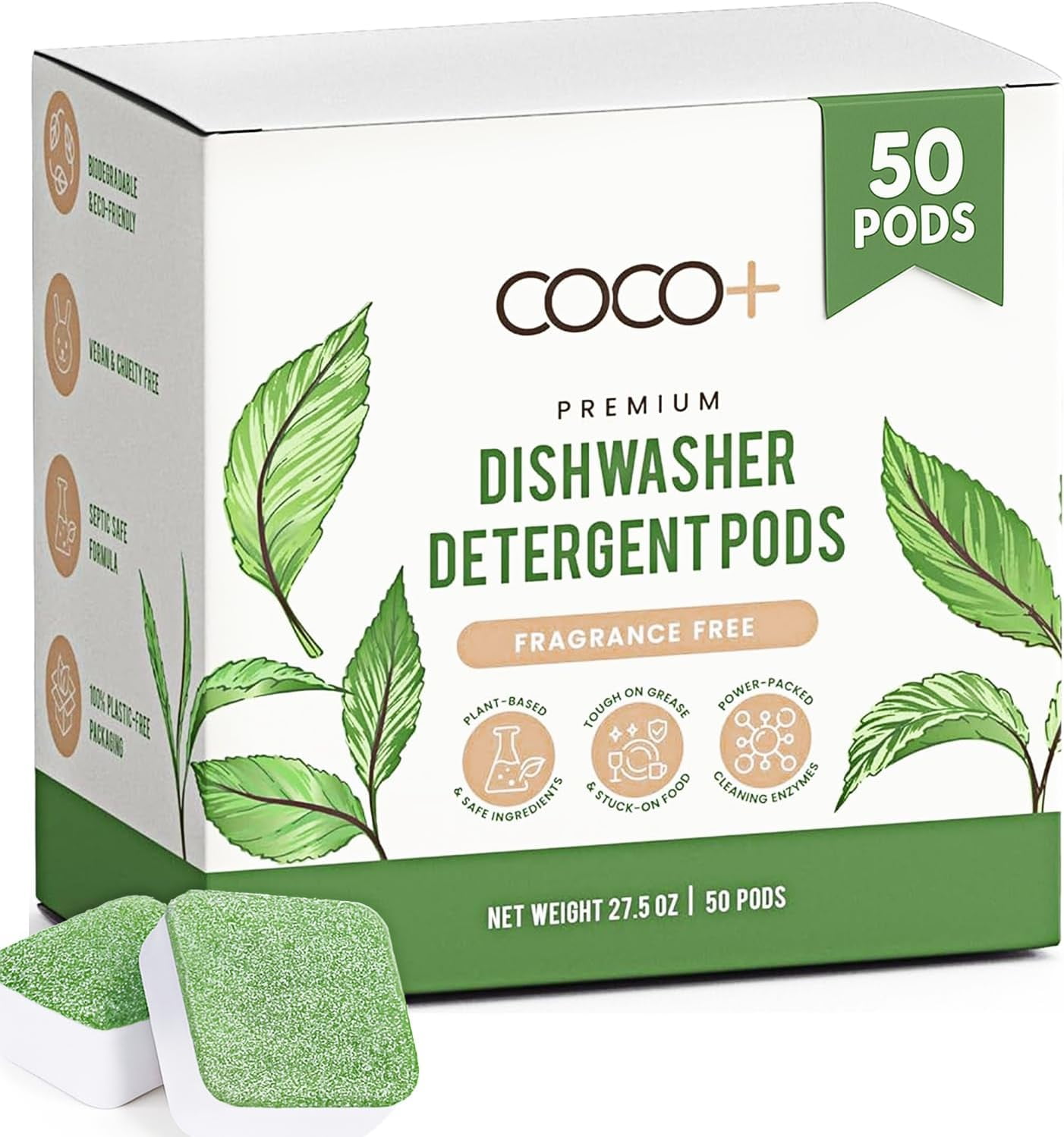 Dishwasher Detergent Pods - Nano-Concentrated Enzymes Power with Rinse Aid & Hard Water Protection - Sparkling, Spotless Dishes - 50 Pods (Fragrance Free)