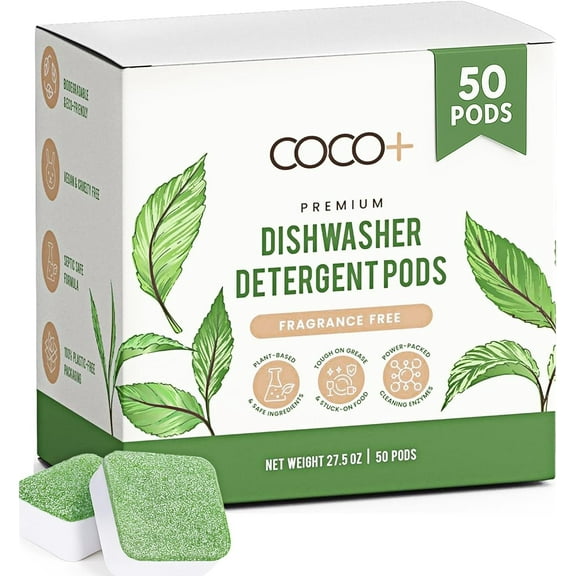 Dishwasher Detergent Pods - Nano-Concentrated Enzymes Power with Rinse Aid & Hard Water Protection - Sparkling, Spotless Dishes - 50 Pods (Fragrance Free)