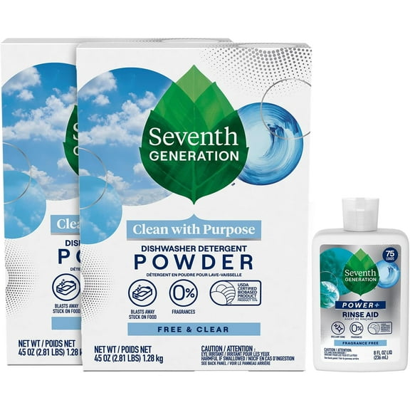 Dishwasher Detergent Powder 2-Pack + Rinse Aid, Free & Clear, Biodegradable, Plant-Based & Fragrance-Free, Septic Safe
