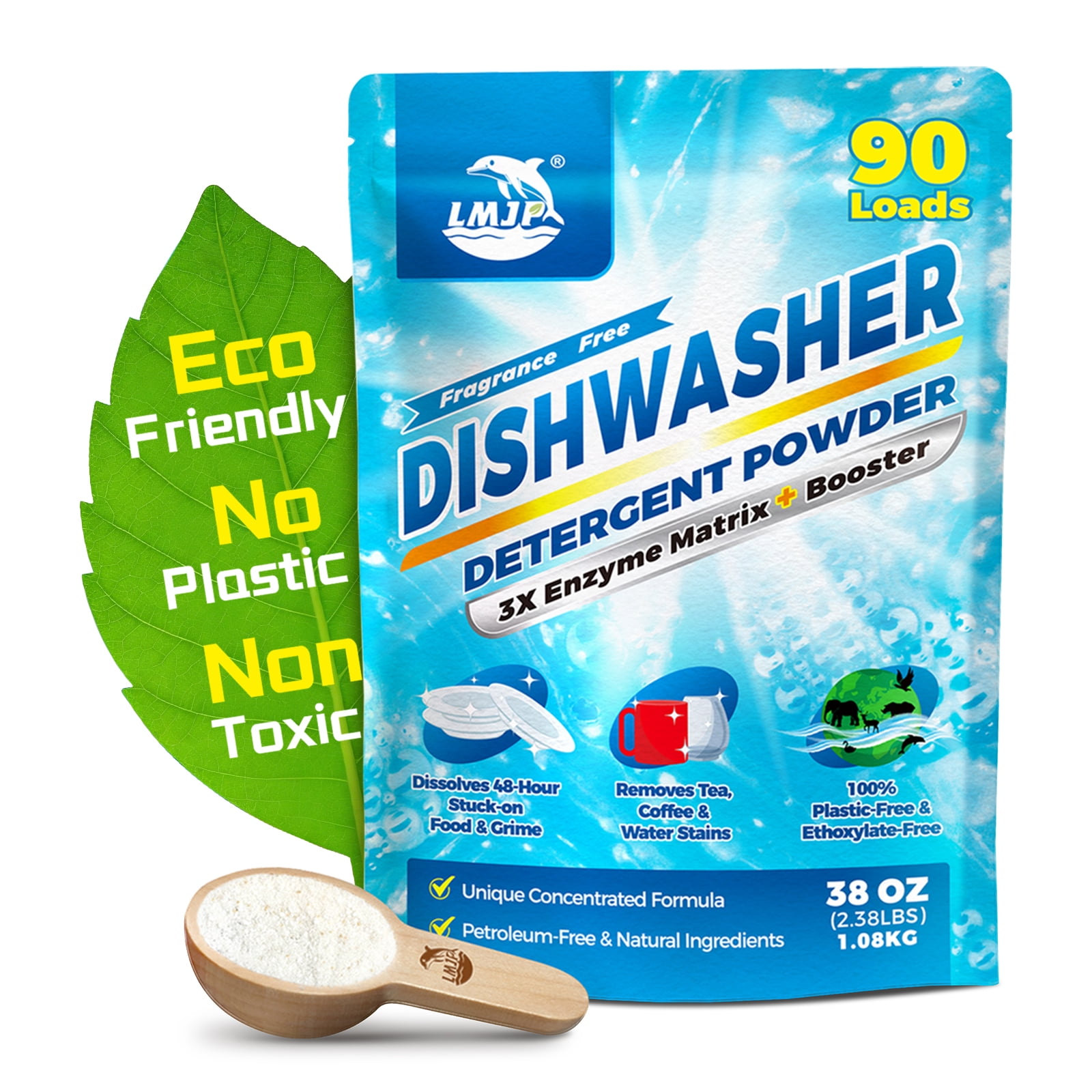 Dishwasher Detergent Powder + Booster, 90 Loads | Plastic-Free, Natural & Eco-Friendly Dishwasher Soap, Concentrated Plant-Based Enzymes - Cuts Grease & Grime, No Water Spots (Fragrance-Free)