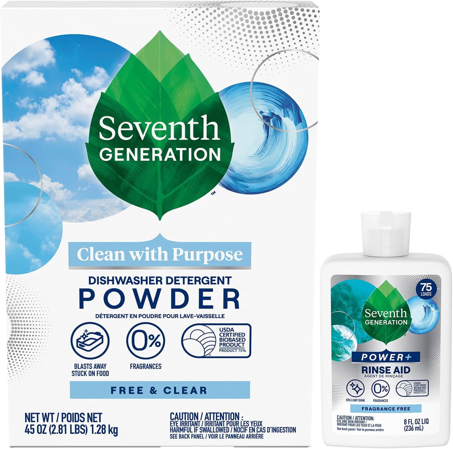 Dishwasher Detergent Powder + Rinse Aid, Free and Clear, Biodegradable, Plant-Based & Fragrance-Free, Septic Safe