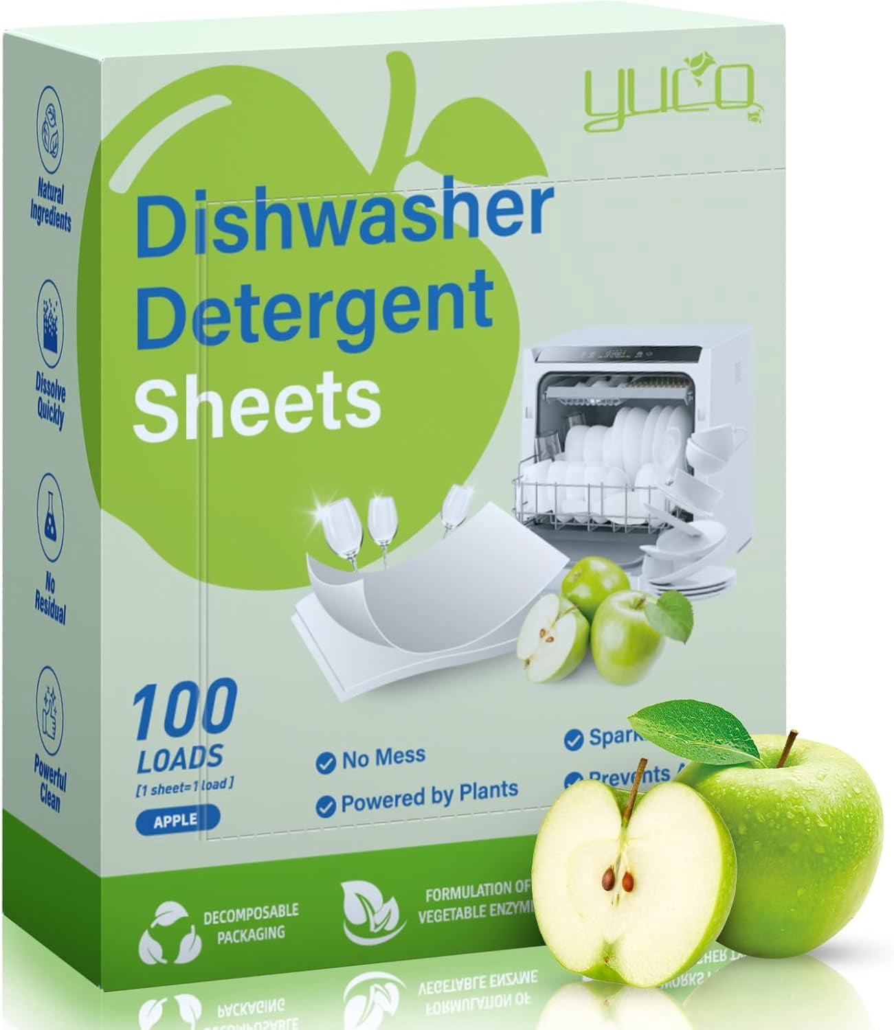 Dishwasher Detergent Sheets 100 Loads, Liquid-Free Dish Soap Cleaner Strips Eco-Friendly No Plastic Dishwasher Pods Detergent, Use in Dishwasher or Sink, Leaving Dishes Sparkling Clean (Apple)
