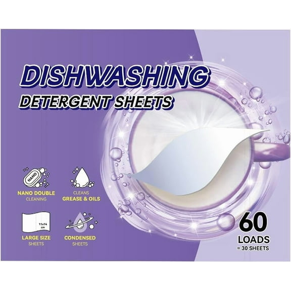 Dishwasher Detergent Sheets, Unscented Dishwashing Detergent, Dishwasher Pods Alternative, Double Cleaning Formula, Condensed, Concentrated, Large Size, 60 Loads Count, 30 Sheets, White