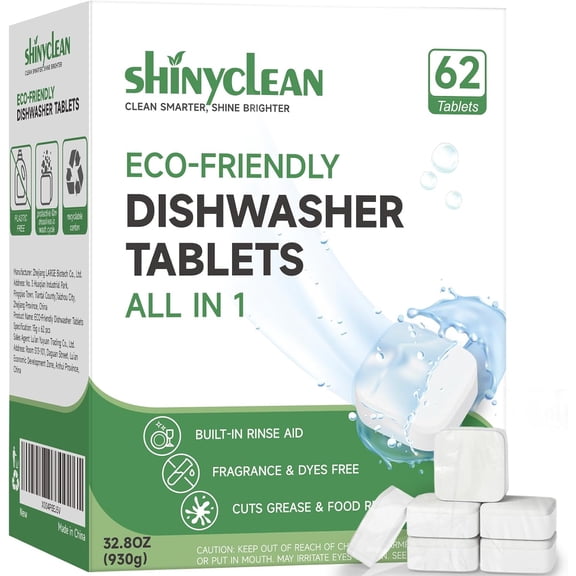 Dishwasher Detergent Tablets with Built-in Rinse Aid | All-in-1 Plant-Based Pods | Fragrance & Dye Free | Natural & Phosphate-Free | Biodegradable & No Unwrapping Needed | 62 Count