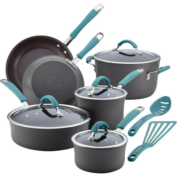 Dishwasher  Hard Anodized Nonstick Cookware Pots and Pans Set  12 Piece  Gray with Orange Handles