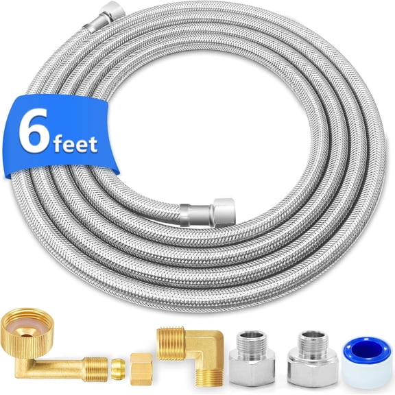 Dishwasher Installation Kit - 6 FT Supply Line with Brass Elbows & Adapters | Food Grade PEX Inner Tube Stainless Steel Braided 3/8" Comp Fitting Hose 3/8"MIP and 3/8"x 3/4" FHT Elbows 1/2"