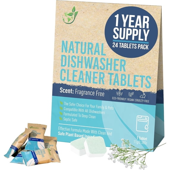 Dishwasher Machine Cleaner Tablets - Based Alternative Refill Dishwashing Detergent Tabs - And Plastic Free Way For Clean Dishwasher - 24 Pack Refills Dish Washer Soap Pods