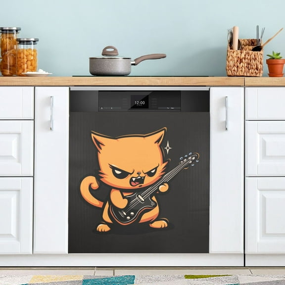 Dishwasher Magnet Cover Magnetic Fridge Door Cover Home Kitchen Decor Angry Cat Playing Guitar 23"x 26"