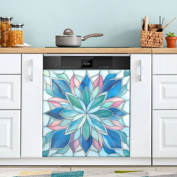 Dishwasher Magnet Cover Magnetic Fridge Door Cover Home Kitchen Decor Blue Pink Floral Stained Glass 23"x 26"