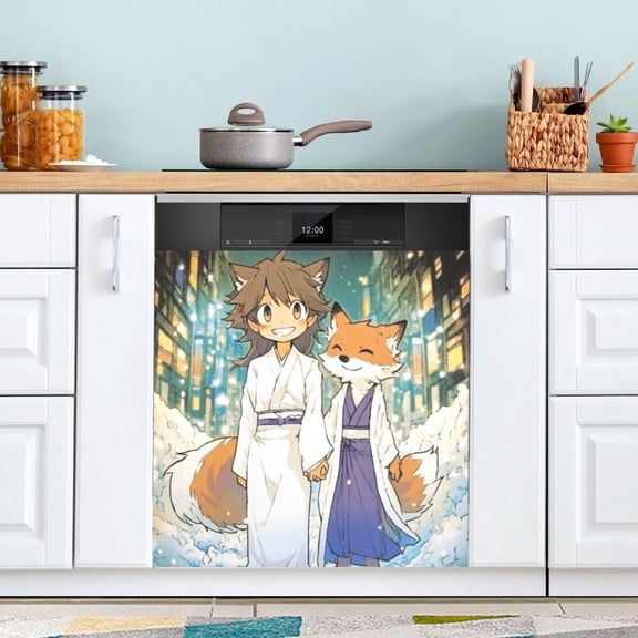 Dishwasher Magnet Cover Magnetic Fridge Door Cover Home Kitchen Decor Cartoon Fox on Street 23"x 26"