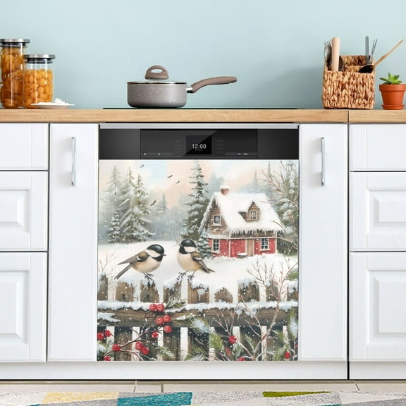 Dishwasher Magnet Cover Magnetic Fridge Door Cover Home Kitchen Decor Chickadees Bird and House 23"x 26"