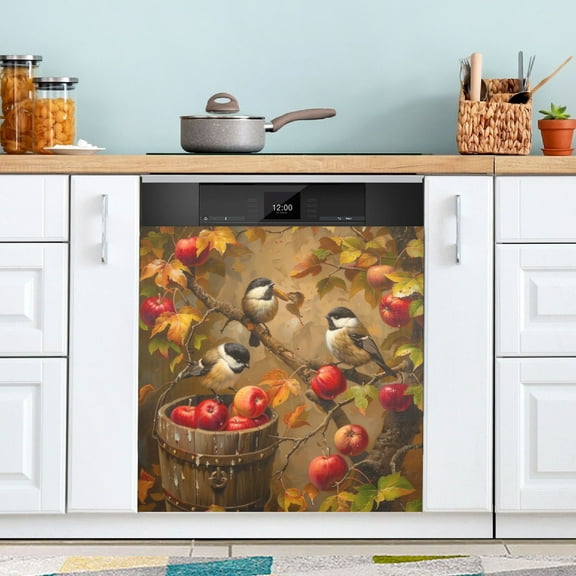 Dishwasher Magnet Cover Magnetic Fridge Door Cover Home Kitchen Decor Chickadees Birds on Apple Tree 23"x 26"