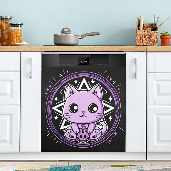 Dishwasher Magnet Cover Magnetic Fridge Door Cover Home Kitchen Decor Cute Cat with Skull 23"x 26"