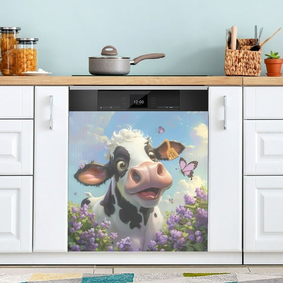 Dishwasher Magnet Cover Magnetic Fridge Door Cover Home Kitchen Decor Cute Cow with Butterfly 23"x 26"