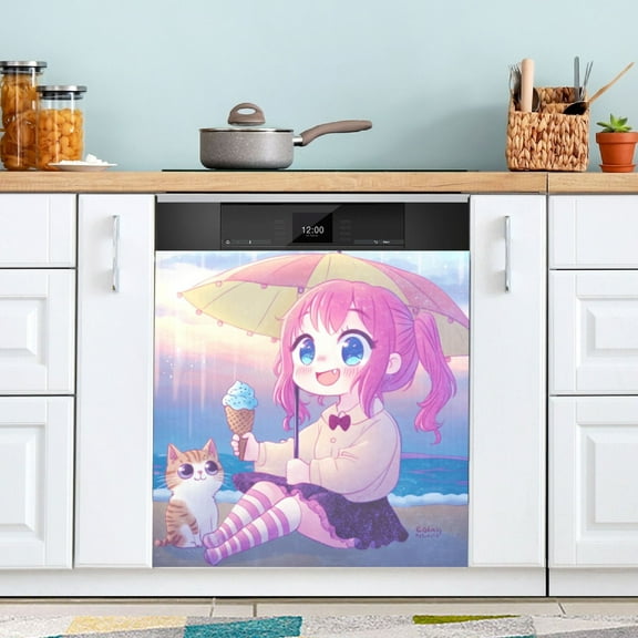 Dishwasher Magnet Cover Magnetic Fridge Door Cover Home Kitchen Decor Cute Girl and Cat on Beach 23"x 26"