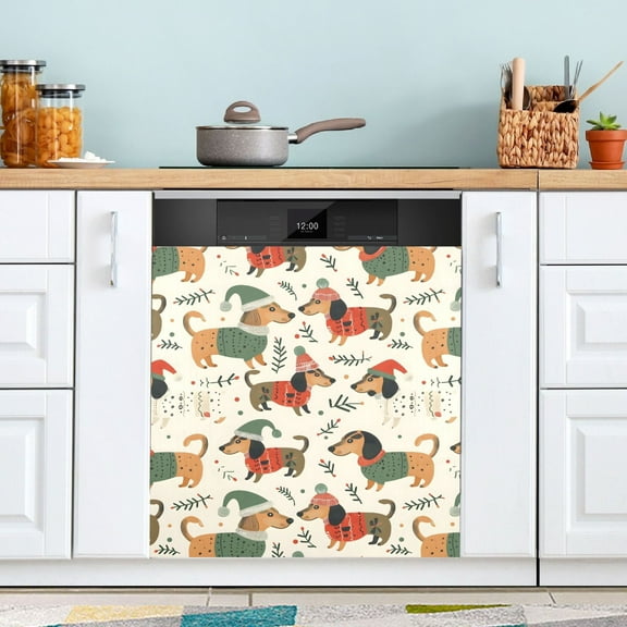 Dishwasher Magnet Cover Magnetic Fridge Door Cover Home Kitchen Decor Dachshunds Dog with Sweater and Hat 23"x 26"