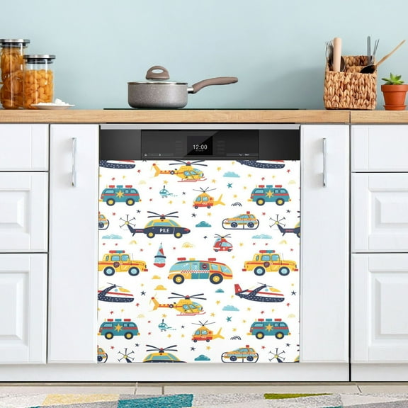Dishwasher Magnet Cover Magnetic Fridge Door Cover Home Kitchen Decor Hand Drawn Car Helicopter 23"x 26"