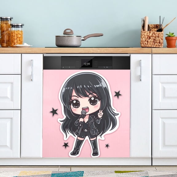 Dishwasher Magnet Cover Magnetic Fridge Door Cover Home Kitchen Decor Rock and Roll Girl Singing 23"x 26"