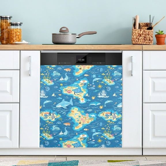Dishwasher Magnet Cover Magnetic Fridge Door Cover Home Kitchen Decor Sea Islands Fish Ship 23"x 26"