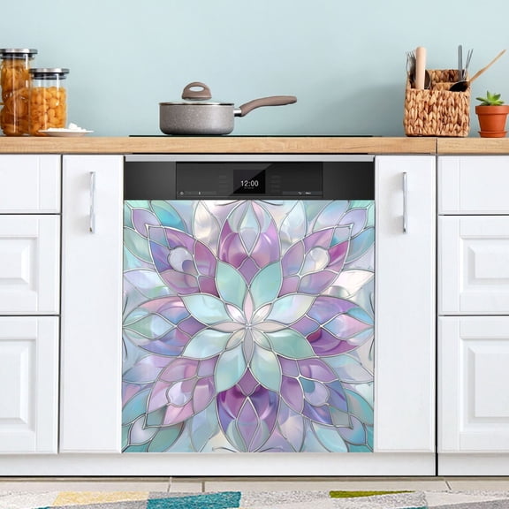 Dishwasher Magnet Cover Magnetic Fridge Door Cover Home Kitchen Decor Violet Floral Stained Glass 23"x 26"
