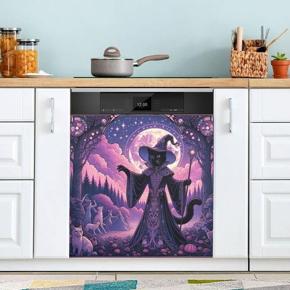Dishwasher Magnet Cover Magnetic Fridge Door Cover Home Kitchen Decor Wizard Cat with Moon 23"x 26"