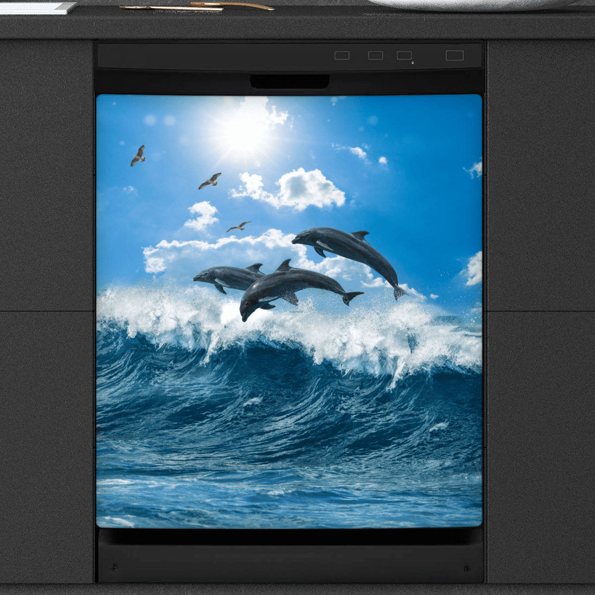 Dishwasher Magnet Cover, Ocean Dolphin Seascape Print, PVC Magnetic Sheet Front Dishwasher Cover Decoration 26x20In, Reusable Waterproof Decorative Appliance Front Wrap