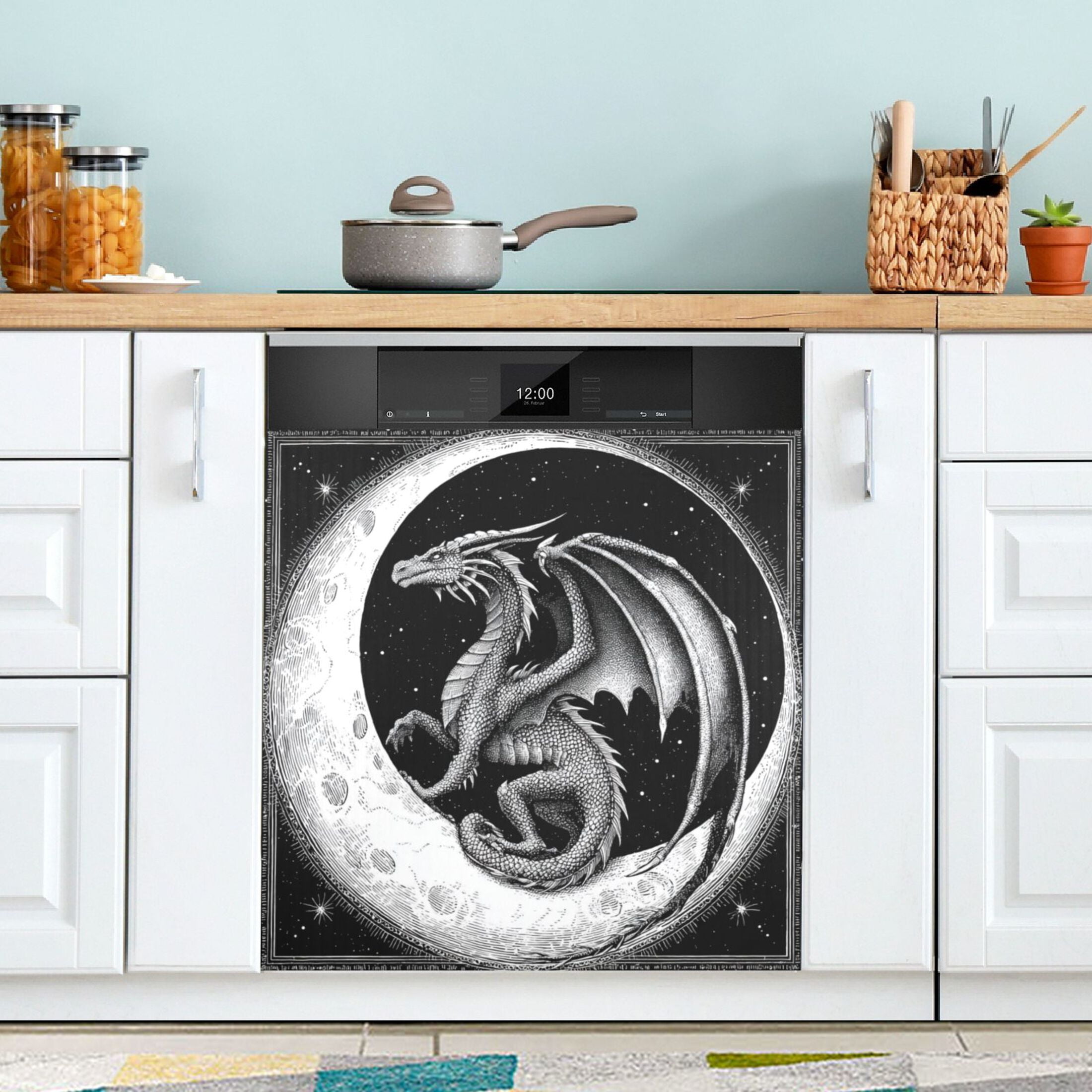 Dishwasher Magnetic Refrigerator Magnet Cover Sticker Home Decorative 23"x26" A Black Dragon