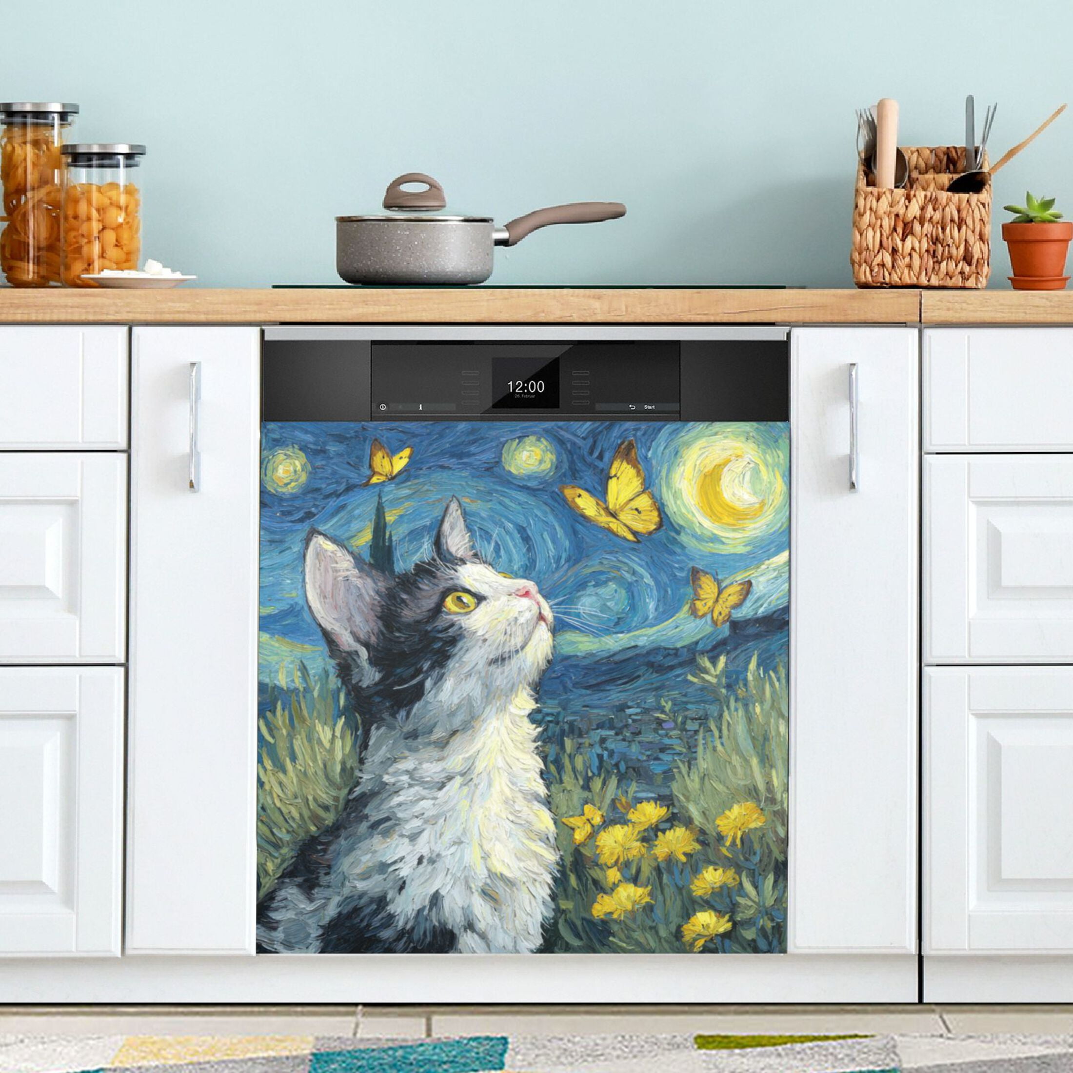 Dishwasher Magnetic Refrigerator Magnet Cover Sticker Home Decorative 23"x26" A Cat and Butterfly