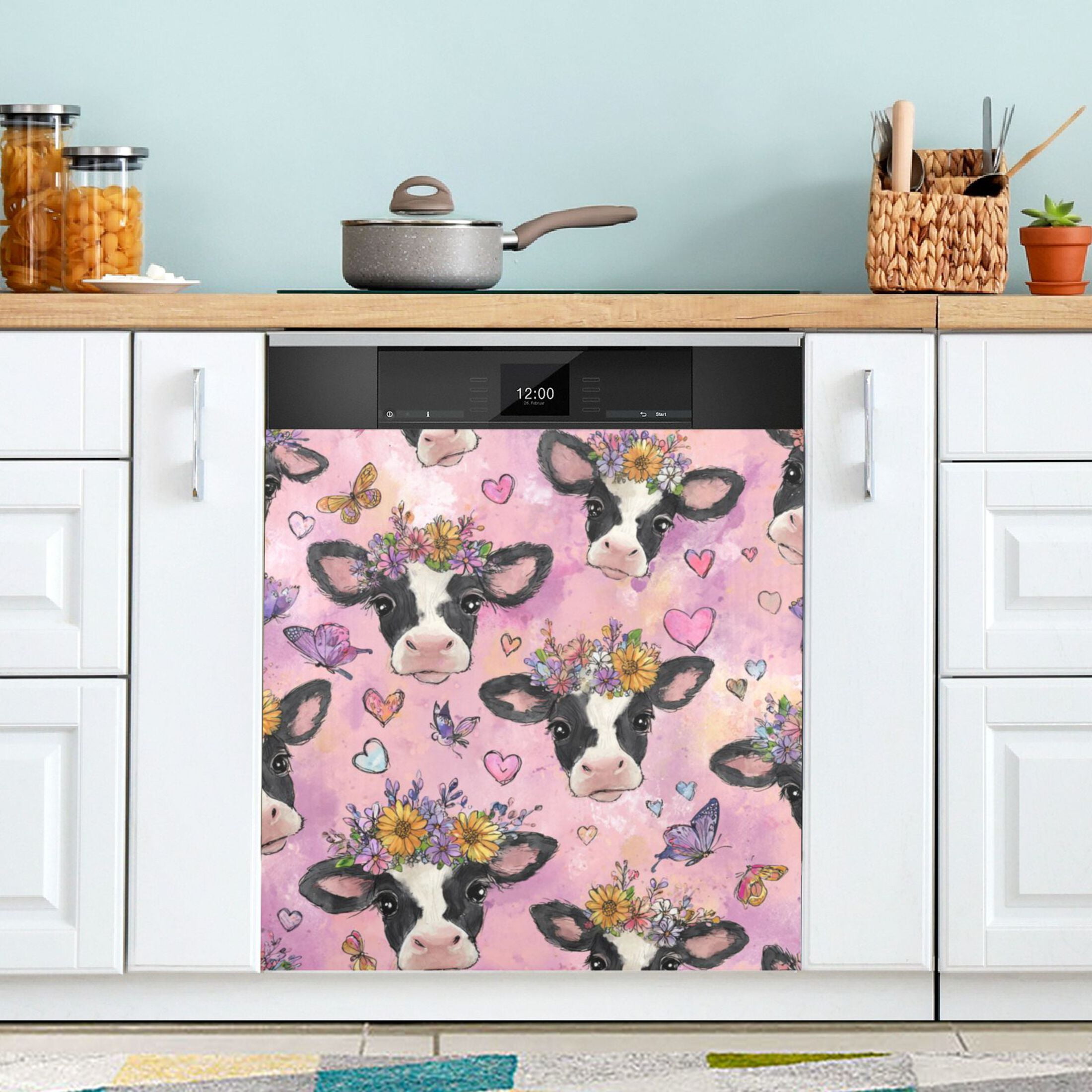Dishwasher Magnetic Refrigerator Magnet Cover Sticker Home Decorative 23"x26" Beautiful Cows with Flowers