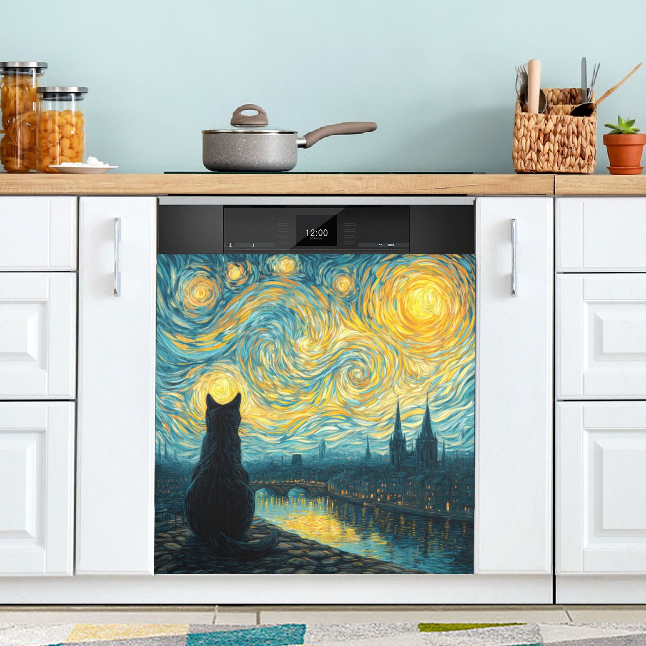 Dishwasher Magnetic Refrigerator Magnet Cover Sticker Home Decorative 23"x26" Black Cat under The Moon