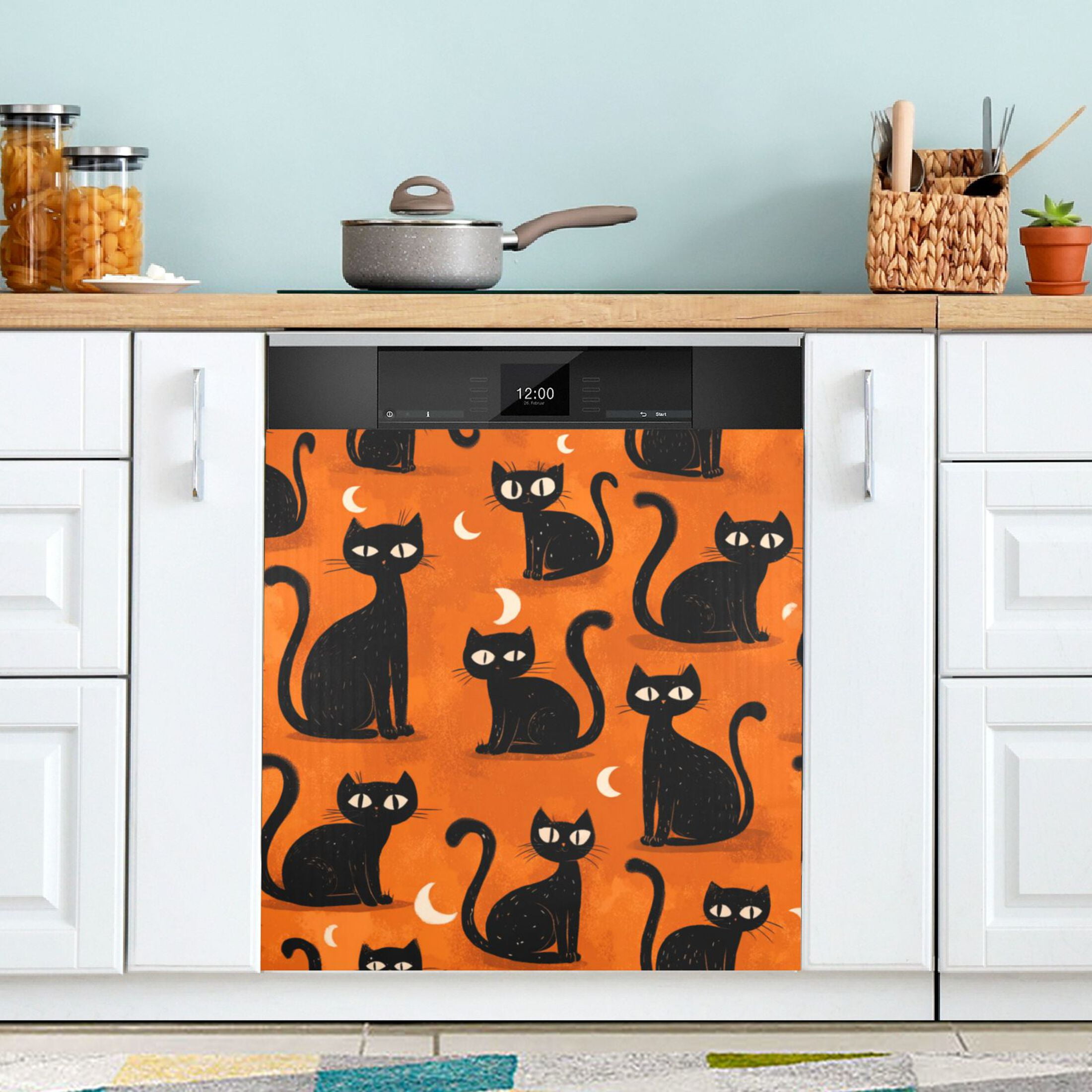 Dishwasher Magnetic Refrigerator Magnet Cover Sticker Home Decorative 23"x26" Black Cat with Moon Design