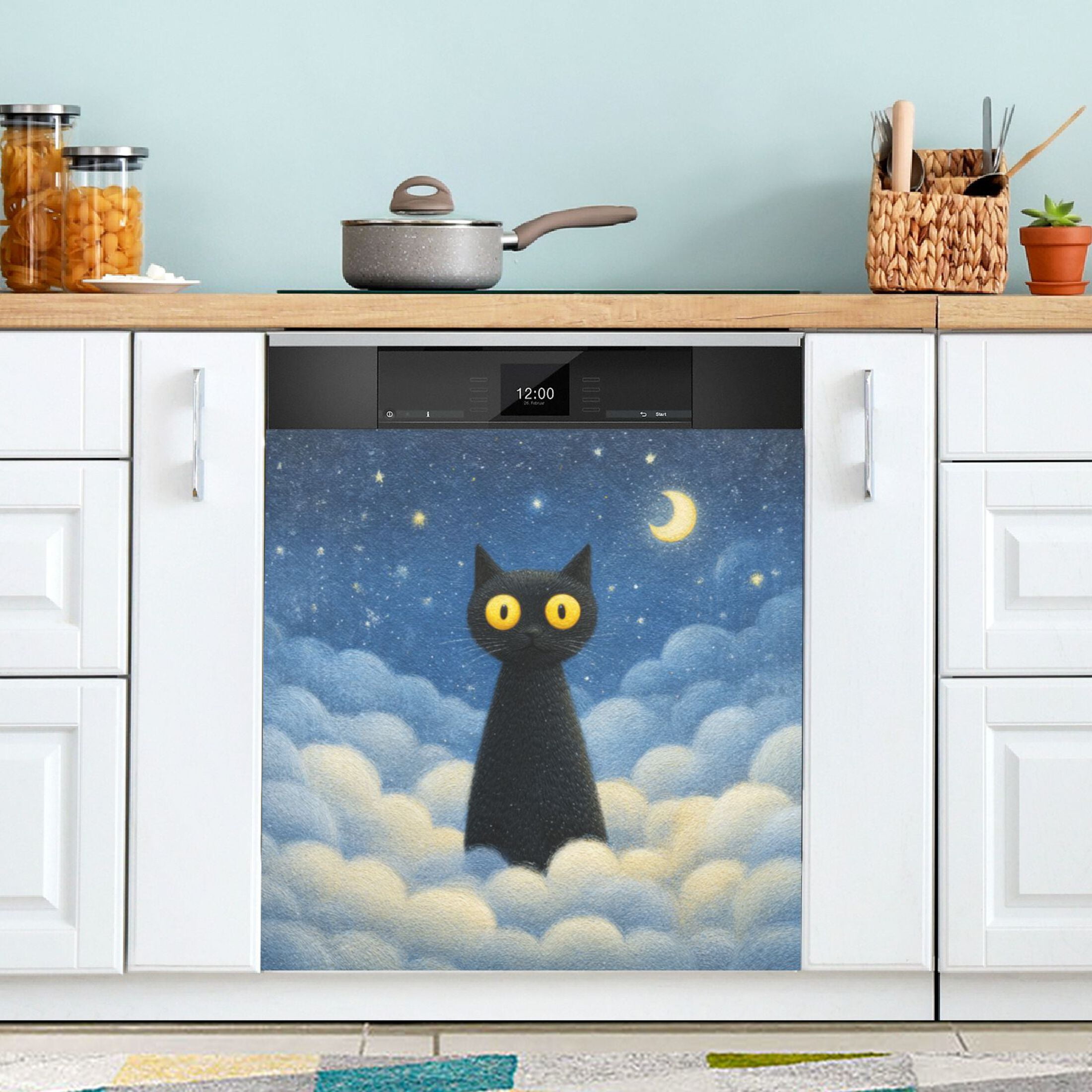 Dishwasher Magnetic Refrigerator Magnet Cover Sticker Home Decorative 23"x26" Black Cat with Yellow Eyes