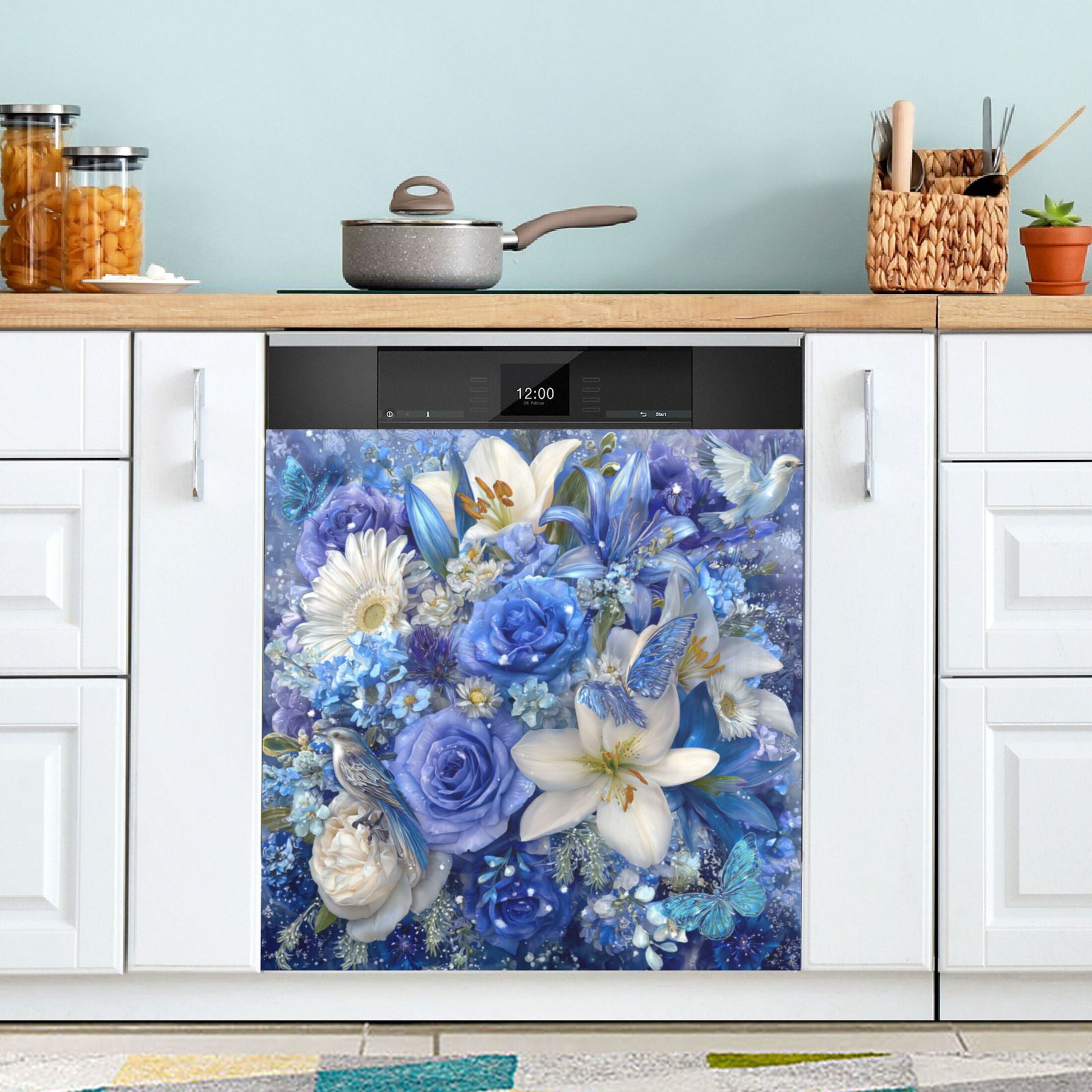 Dishwasher Magnetic Refrigerator Magnet Cover Sticker Home Decorative 23"x26" Blue and White Crystal Roses